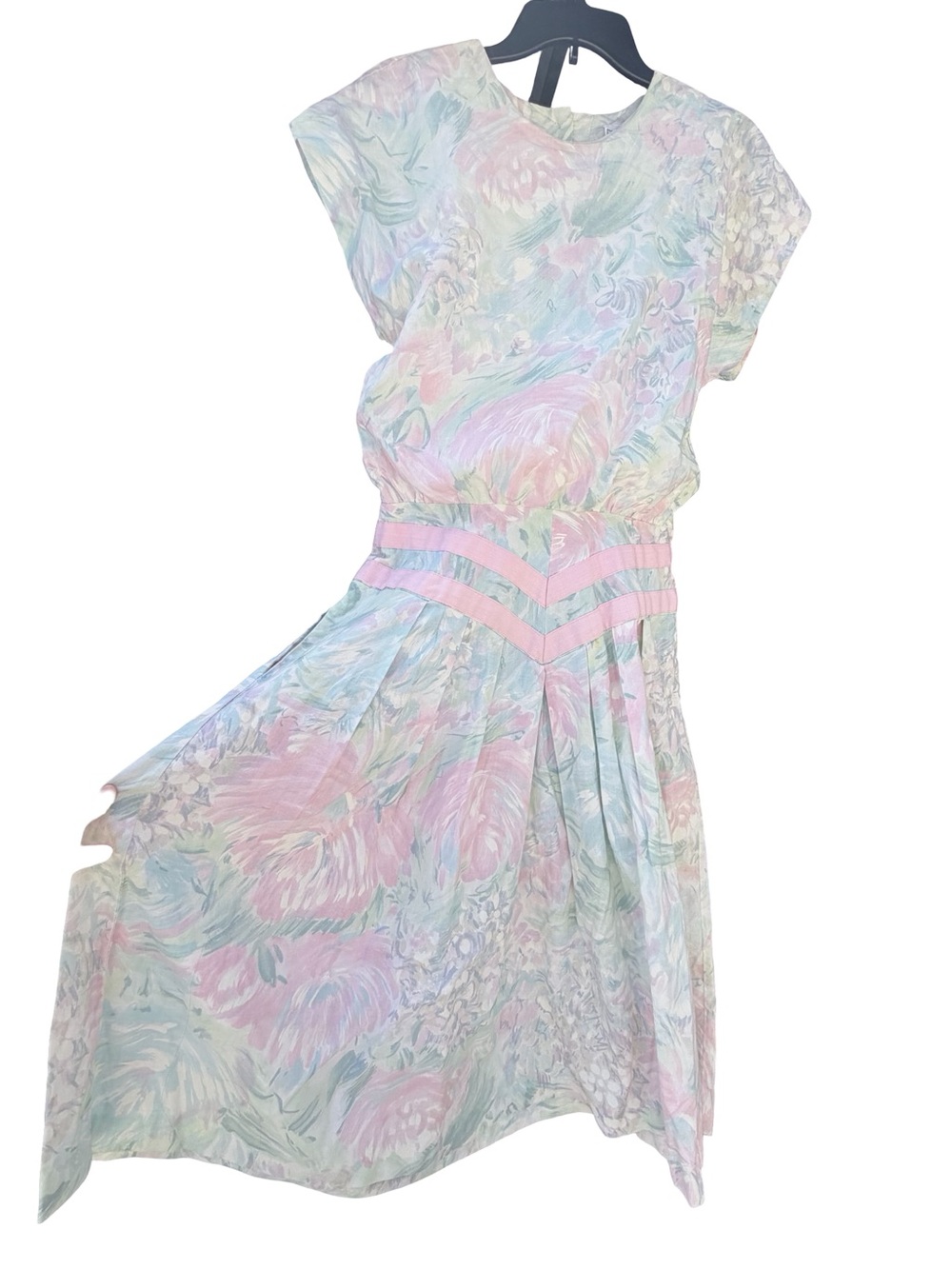 Vintage 80s Pastel Floral Midi Dress with Pink Waistband